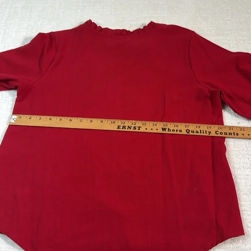 New! Komili romantic red embroidered ruffle neck puff sleeves feminine top L - Picture 9 of 9
